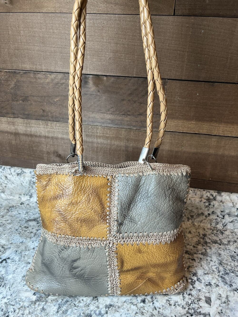 Vtg Leather Patchwork Handbag 80s handmade? Retro Colorblock Style
